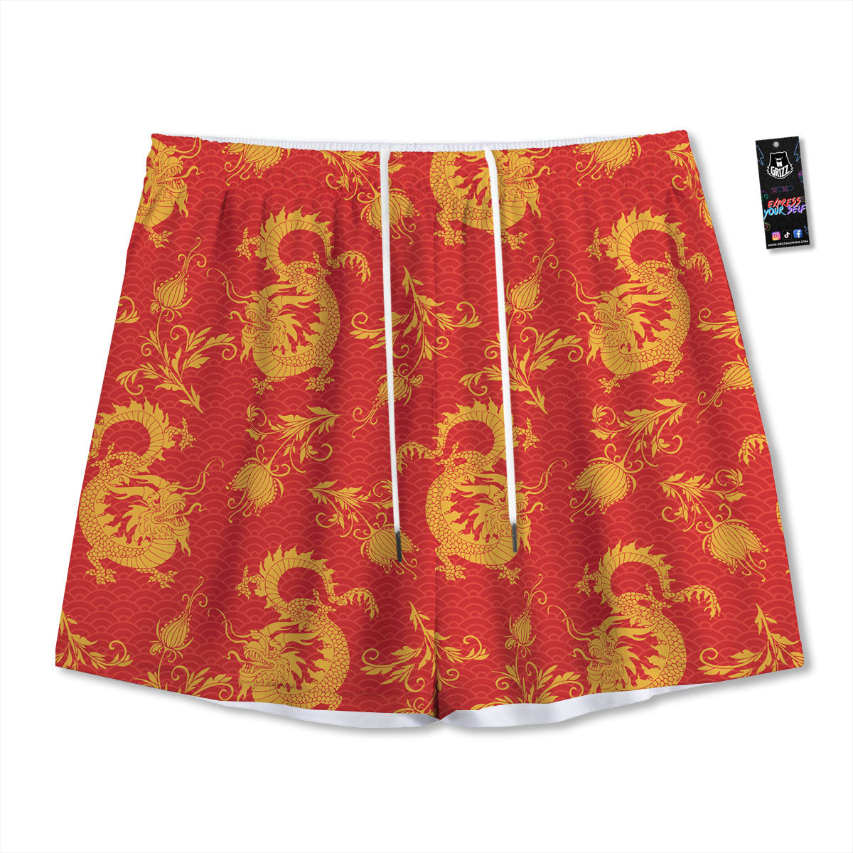 Lotus Red Dragon Print Pattern Mesh Shorts