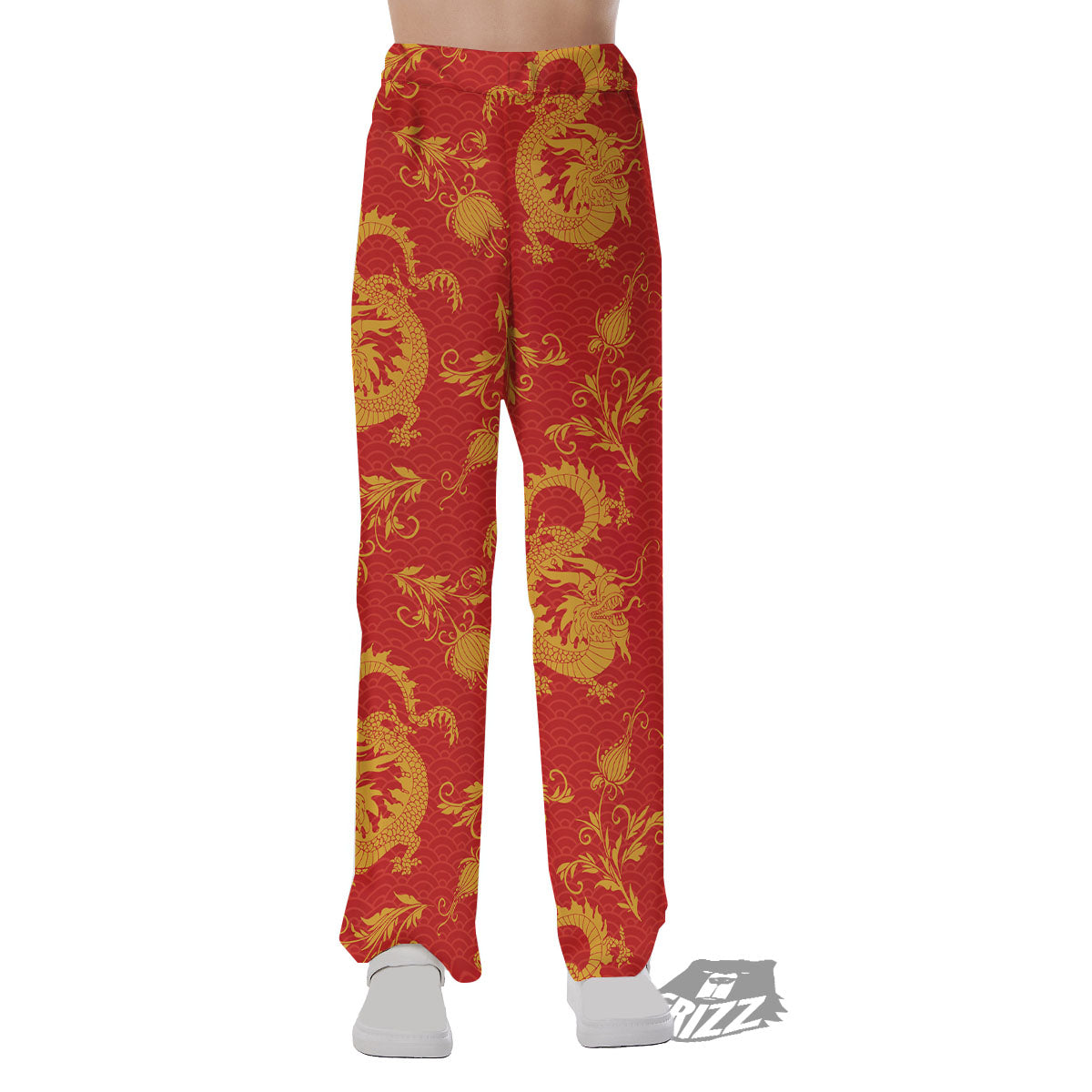 Lotus Red Dragon Print Pattern Pajama Pants-grizzshop