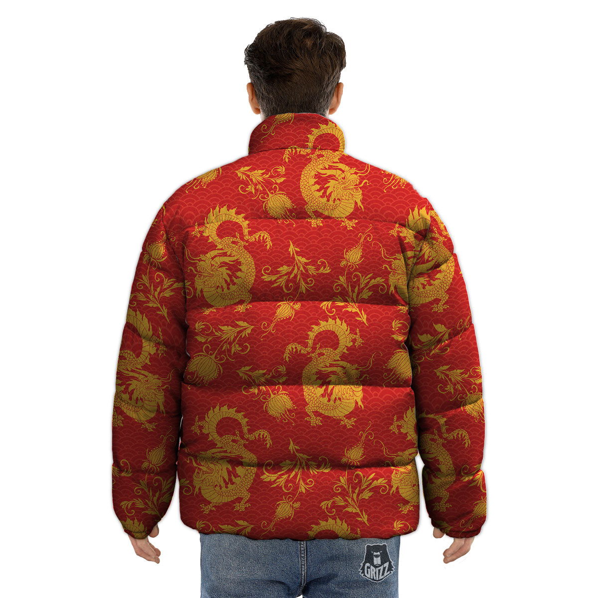 Lotus Red Dragon Print Pattern Puffer Jacket-grizzshop