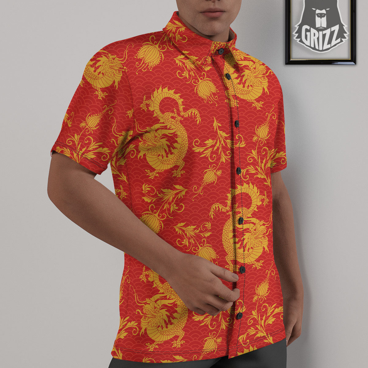 Lotus Red Dragon Print Pattern Untucked Shirts-grizzshop