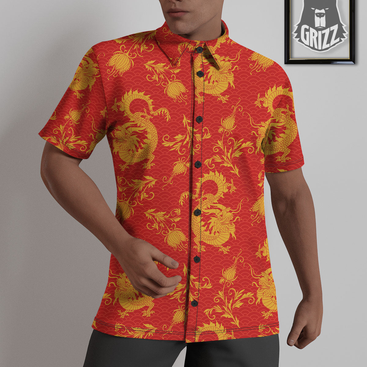 Lotus Red Dragon Print Pattern Untucked Shirts-grizzshop
