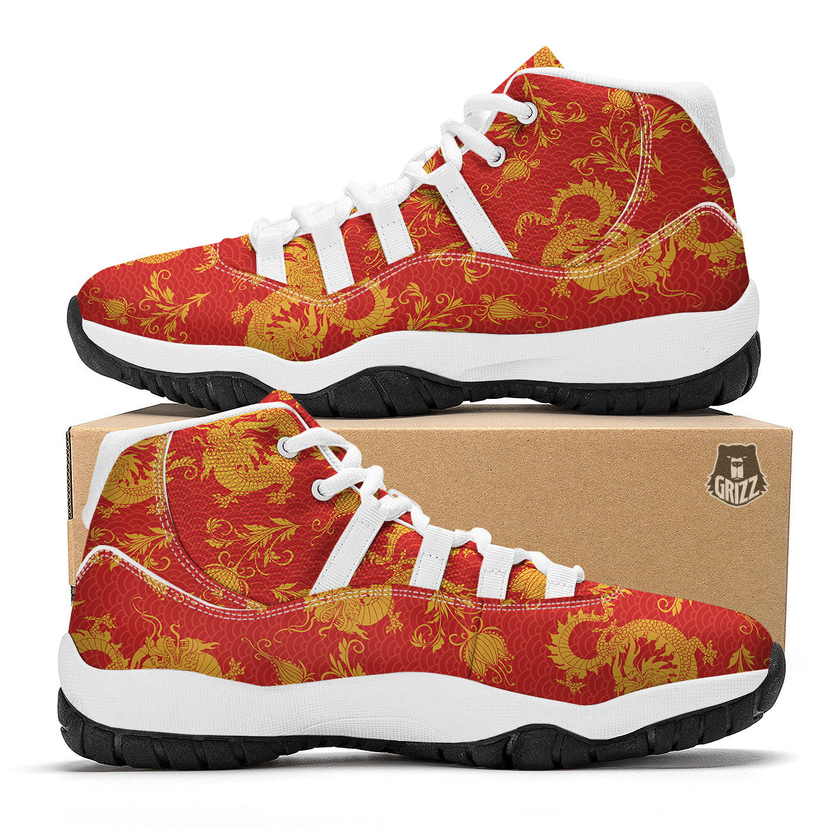 Lotus Red Dragon Print Pattern White Bball Shoes-grizzshop