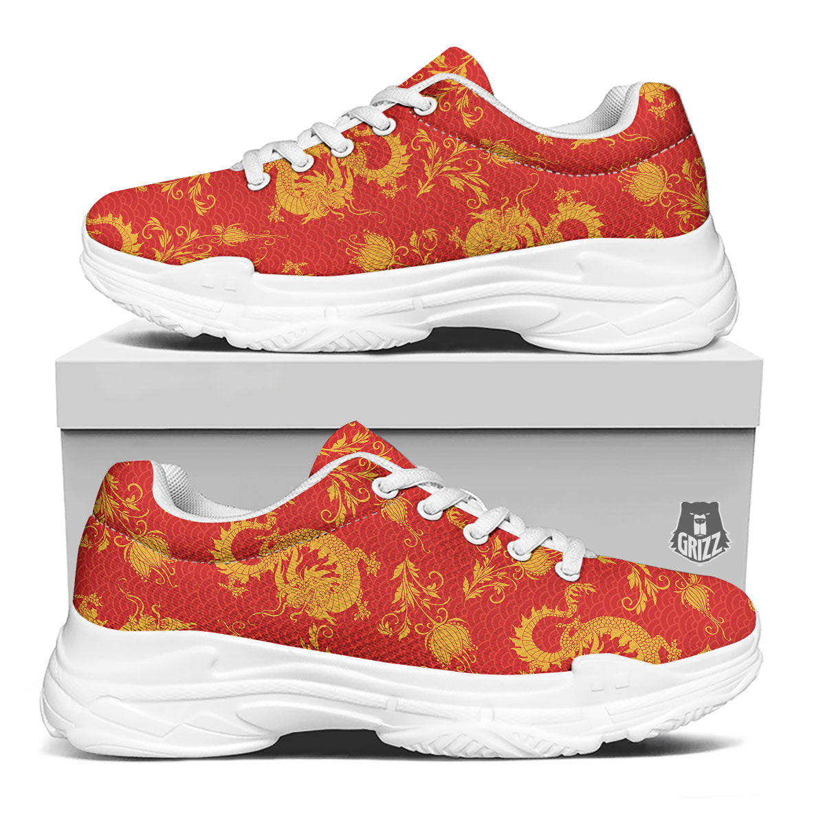 Lotus Red Dragon Print Pattern White Chunky Shoes-grizzshop