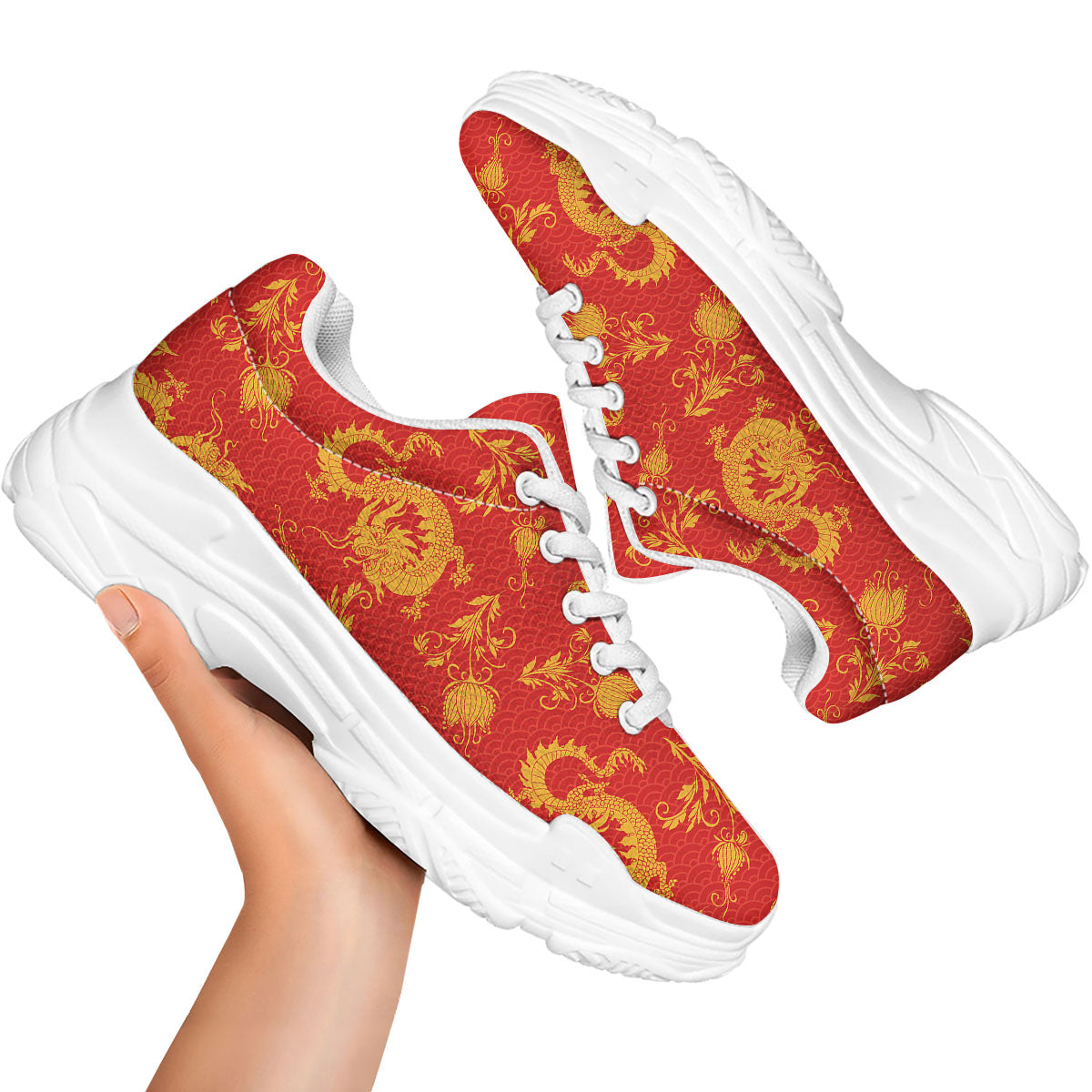 Lotus Red Dragon Print Pattern White Chunky Shoes-grizzshop