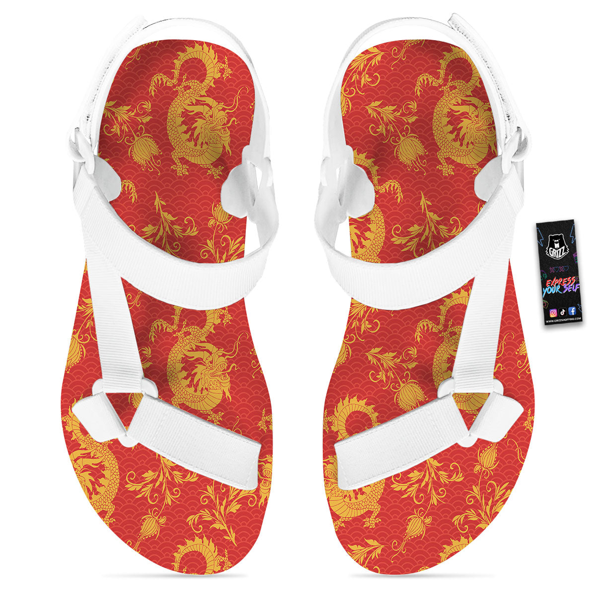 Lotus Red Dragon Print Pattern White Open Toe Sandals-grizzshop