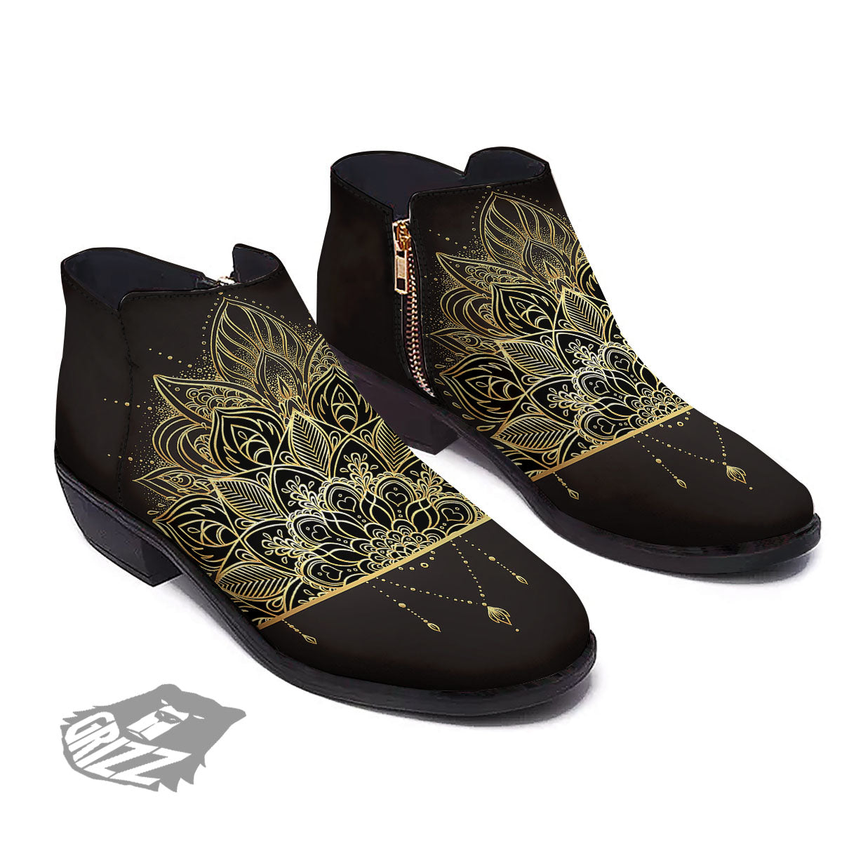 Lotus Spiritual Golden Print Ankle Boots-grizzshop