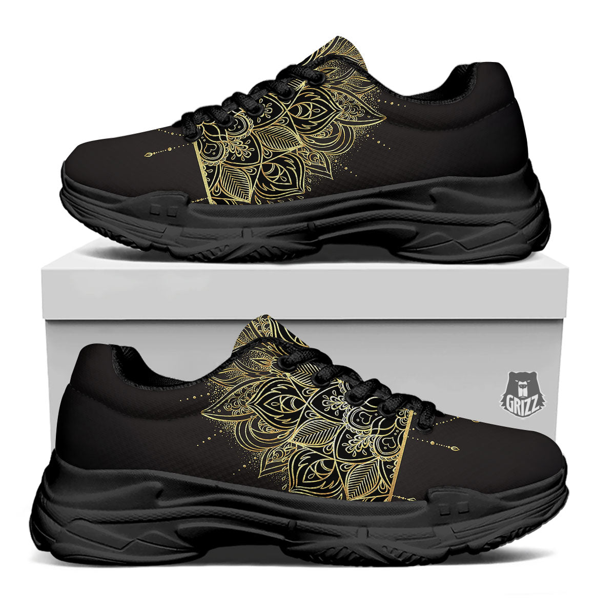 Lotus Spiritual Golden Print Black Chunky Shoes-grizzshop