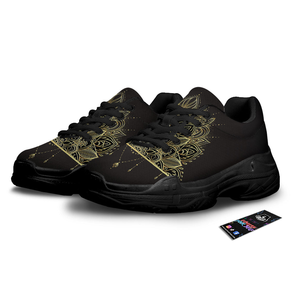 Lotus Spiritual Golden Print Black Chunky Shoes-grizzshop
