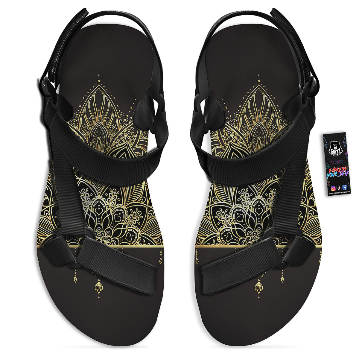 Lotus Spiritual Golden Print Black Open Toe Sandals-grizzshop