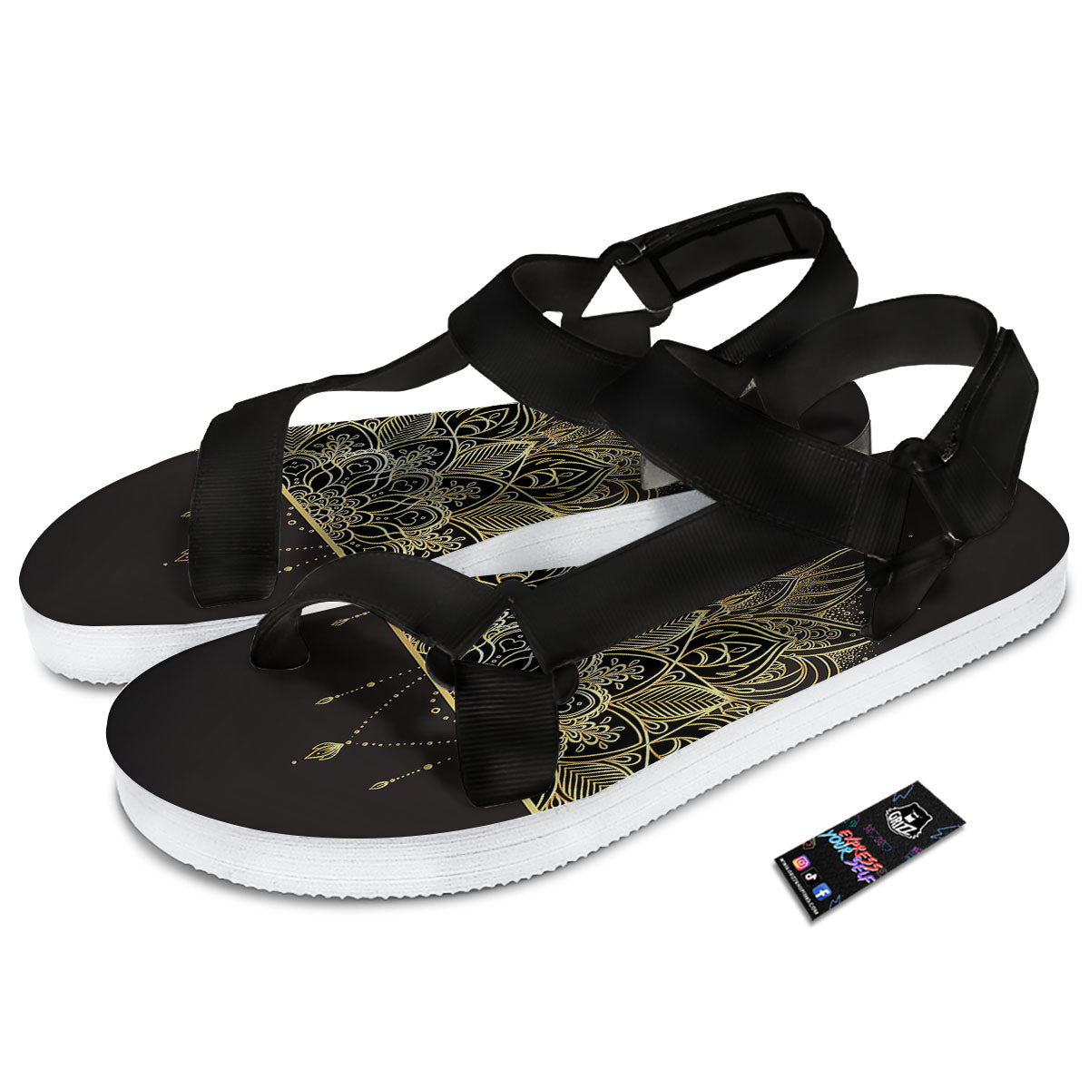 Lotus Spiritual Golden Print Black Open Toe Sandals-grizzshop