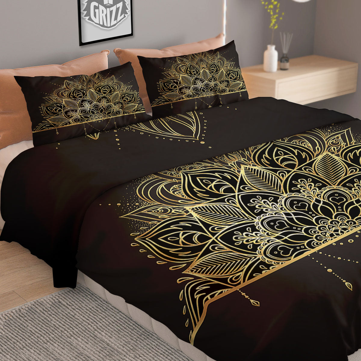 Lotus Spiritual Golden Print Duvet Cover Bedding Set