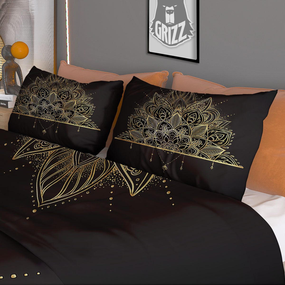 Lotus Spiritual Golden Print Duvet Cover Bedding Set