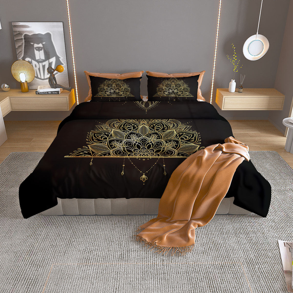 Lotus Spiritual Golden Print Duvet Cover Bedding Set