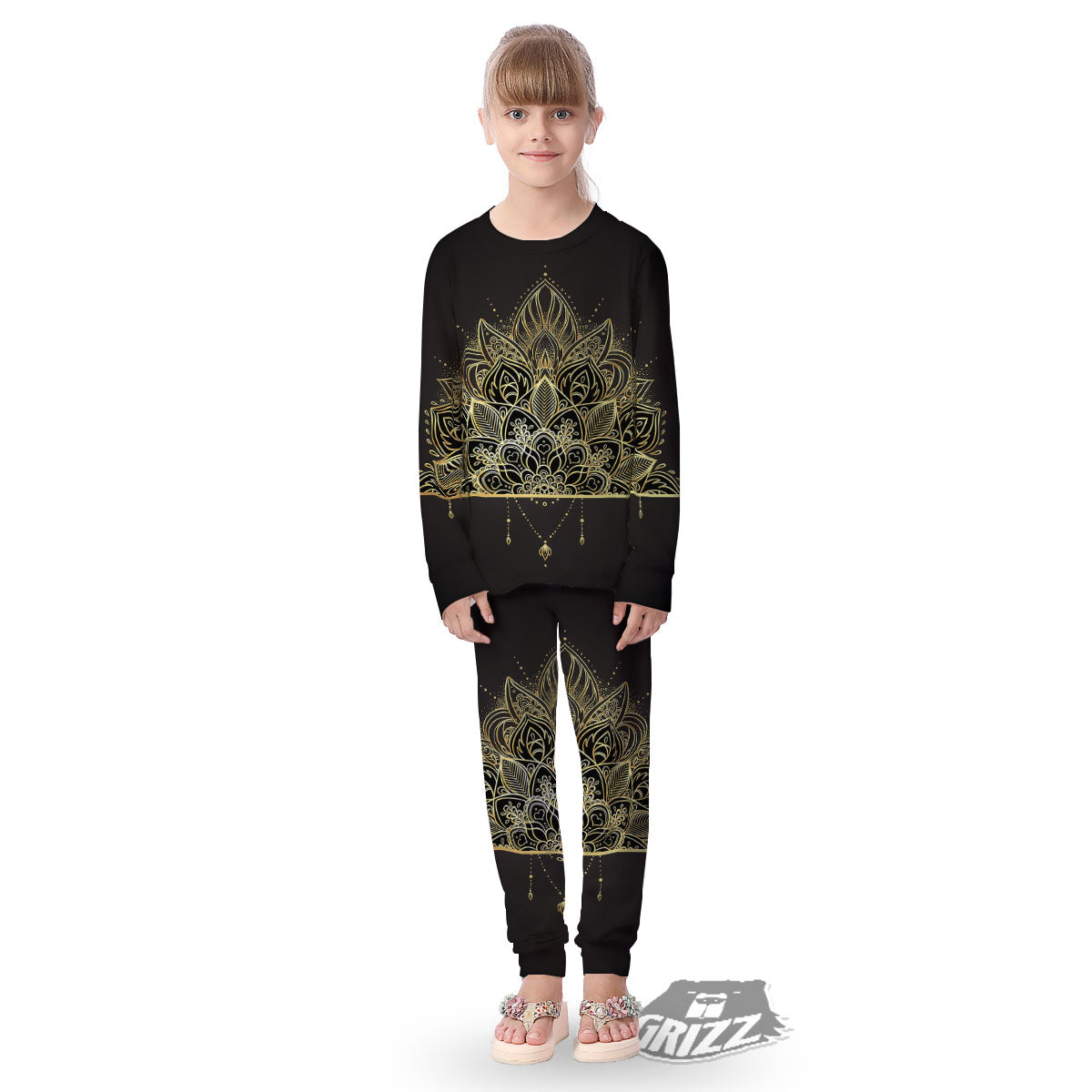 Lotus Spiritual Golden Print Kid's Pajamas-grizzshop