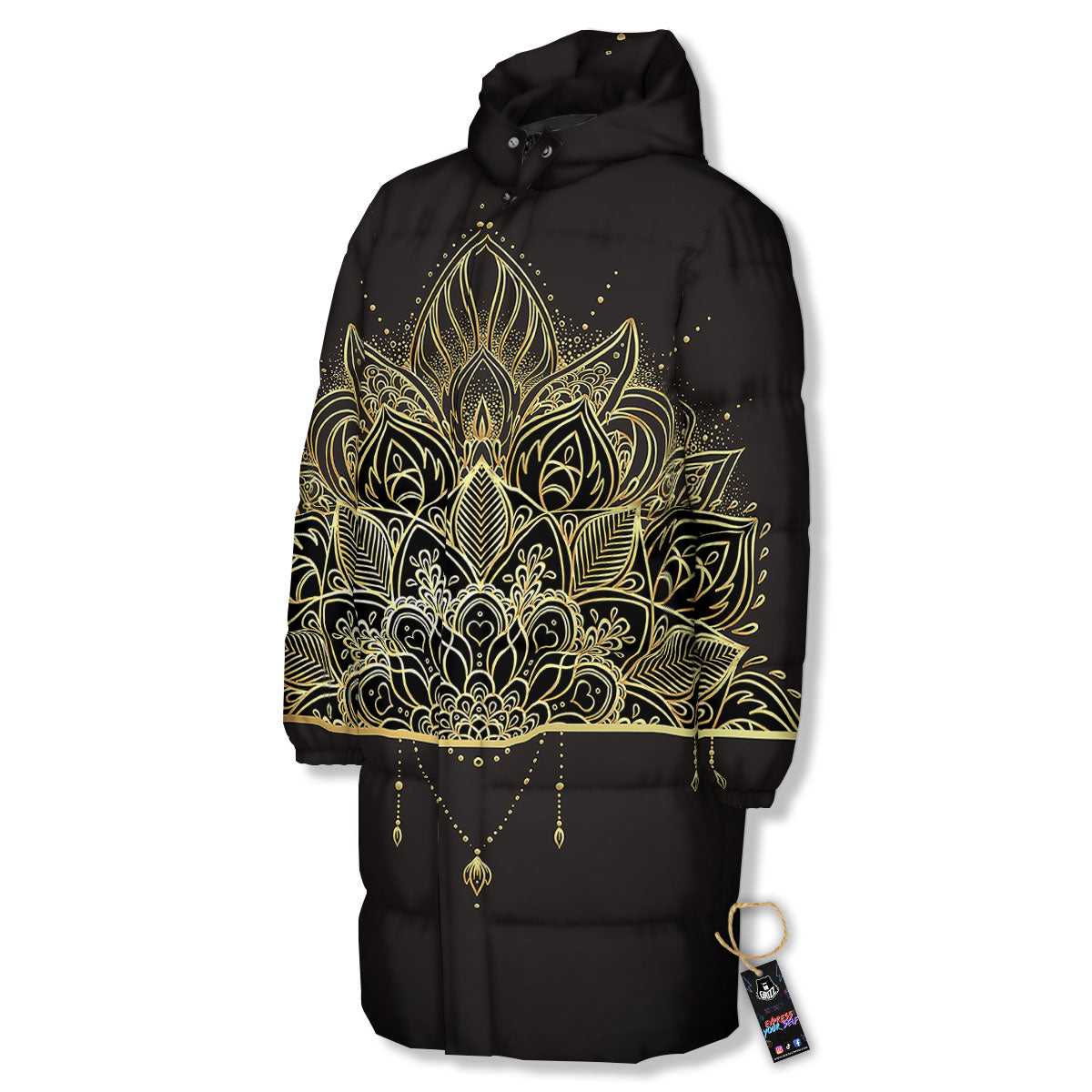 Lotus Spiritual Golden Print Long Down Jacket-grizzshop