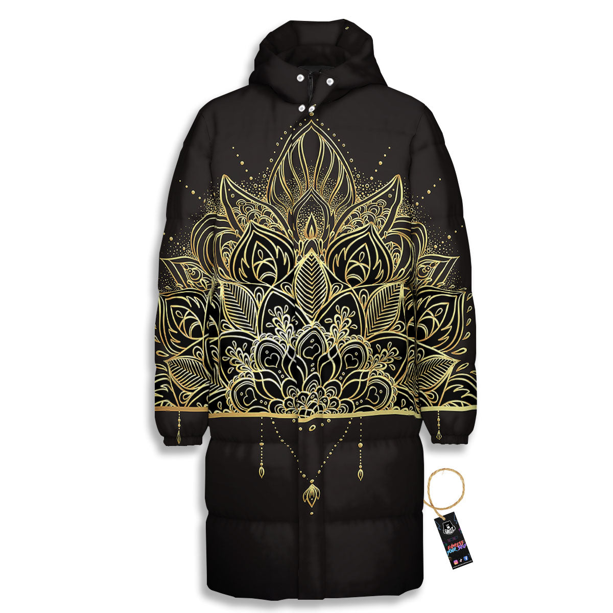 Lotus Spiritual Golden Print Long Down Jacket-grizzshop