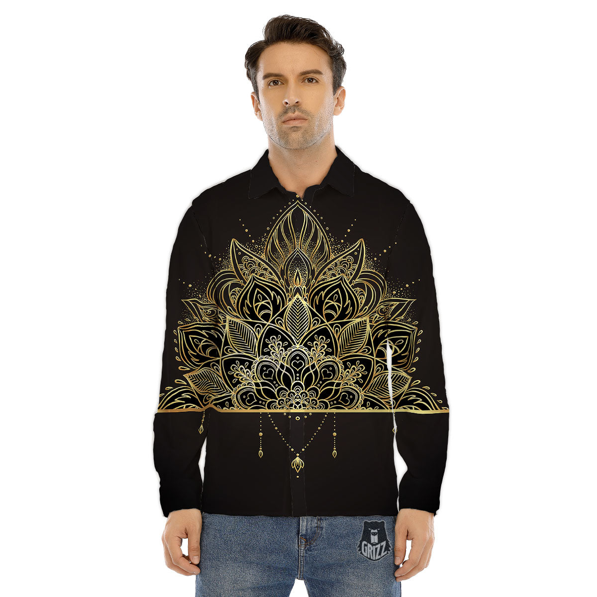 Lotus Spiritual Golden Print Men's Dress Shirts-grizzshop