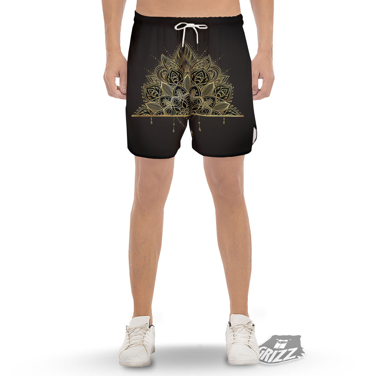 Lotus Spiritual Golden Print Men's Gym Shorts-grizzshop