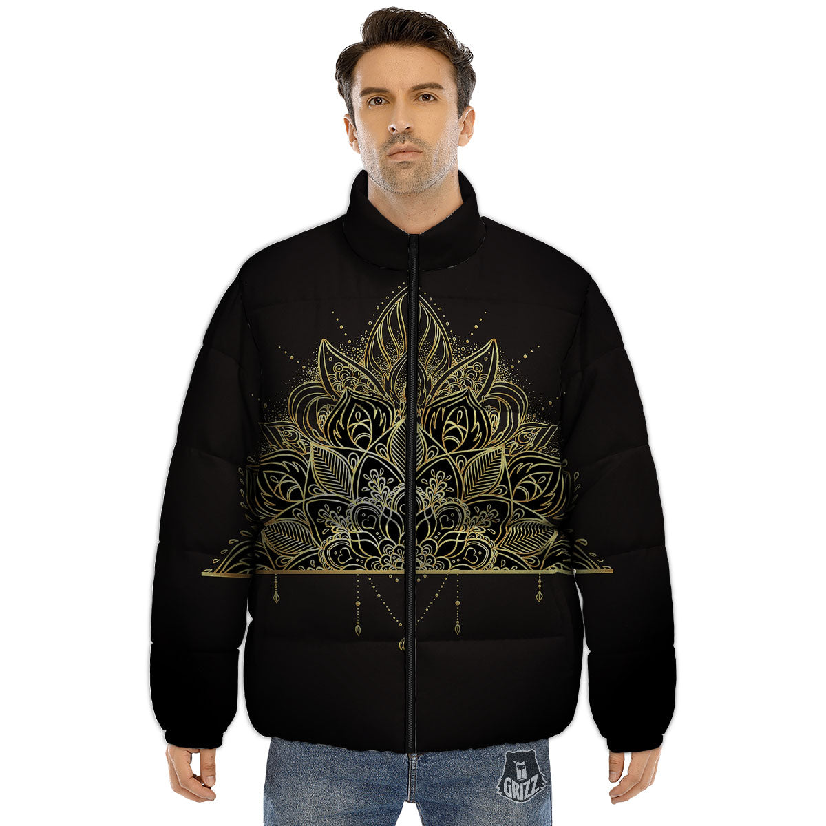 Lotus Spiritual Golden Print Puffer Jacket-grizzshop