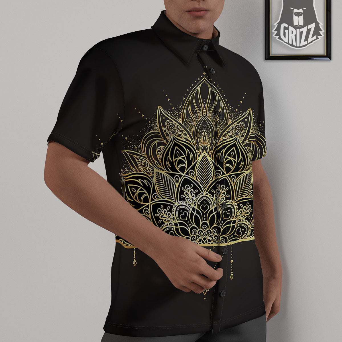 Lotus Spiritual Golden Print Untucked Shirts-grizzshop