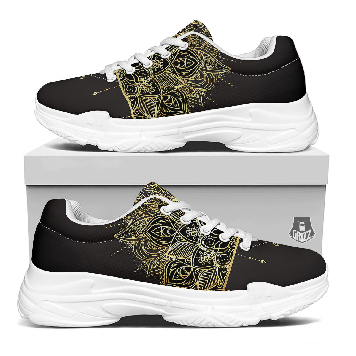 Lotus Spiritual Golden Print White Chunky Shoes-grizzshop