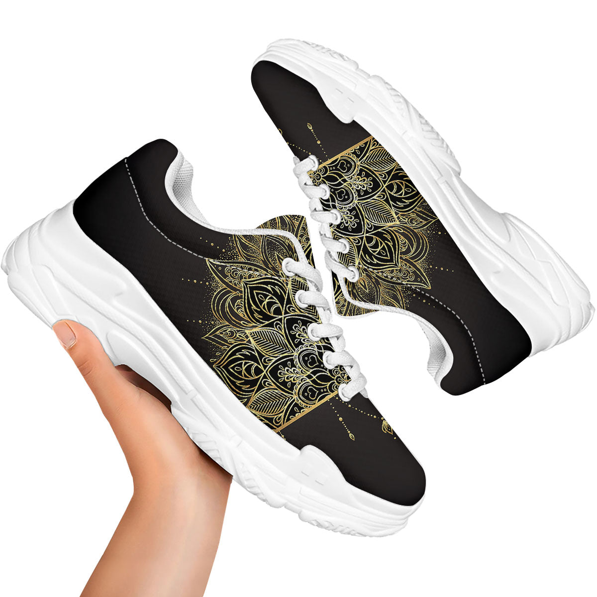 Lotus Spiritual Golden Print White Chunky Shoes-grizzshop