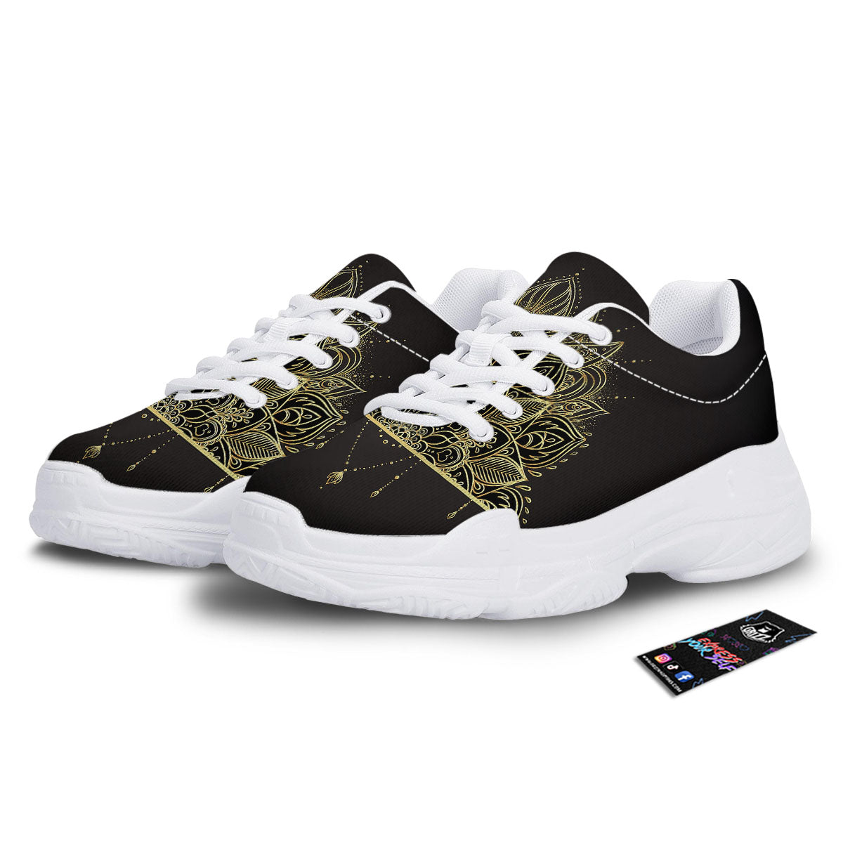 Lotus Spiritual Golden Print White Chunky Shoes-grizzshop