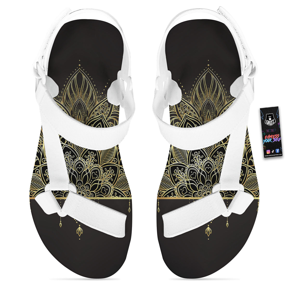 Lotus Spiritual Golden Print White Open Toe Sandals-grizzshop