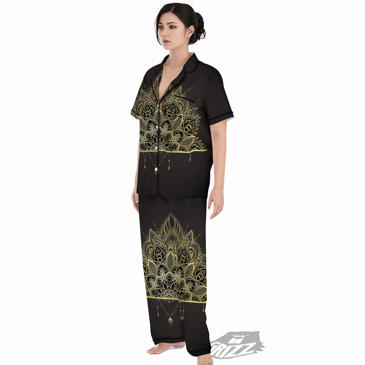 Lotus Spiritual Golden Print Women's Pajamas Set-grizzshop