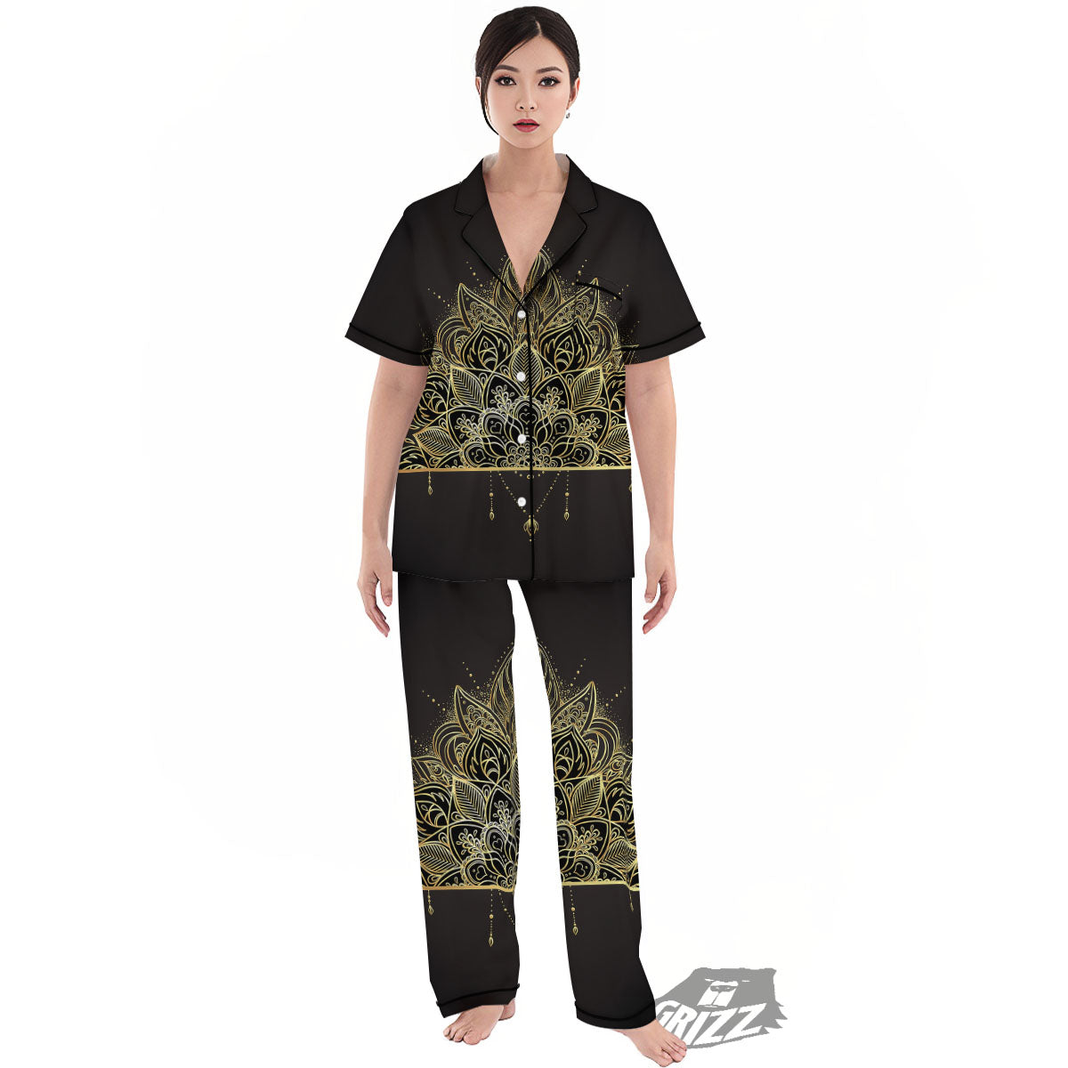 Lotus Spiritual Golden Print Women's Pajamas Set-grizzshop