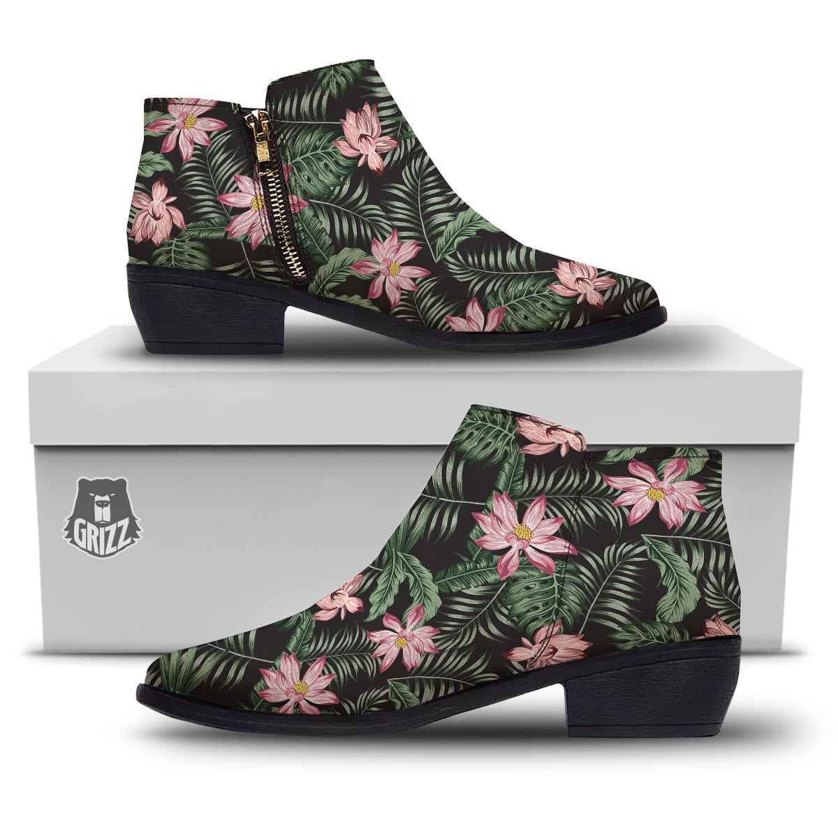 Lotus Tropical Print Pattern Ankle Boots-grizzshop
