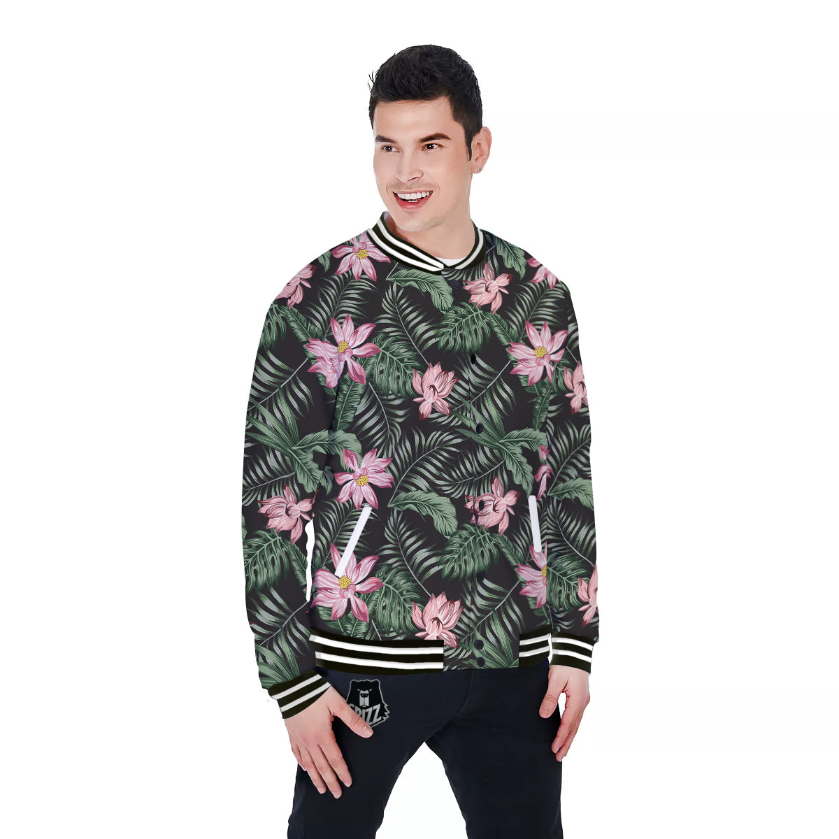 Lotus Tropical Print Pattern Baseball Jacket-grizzshop