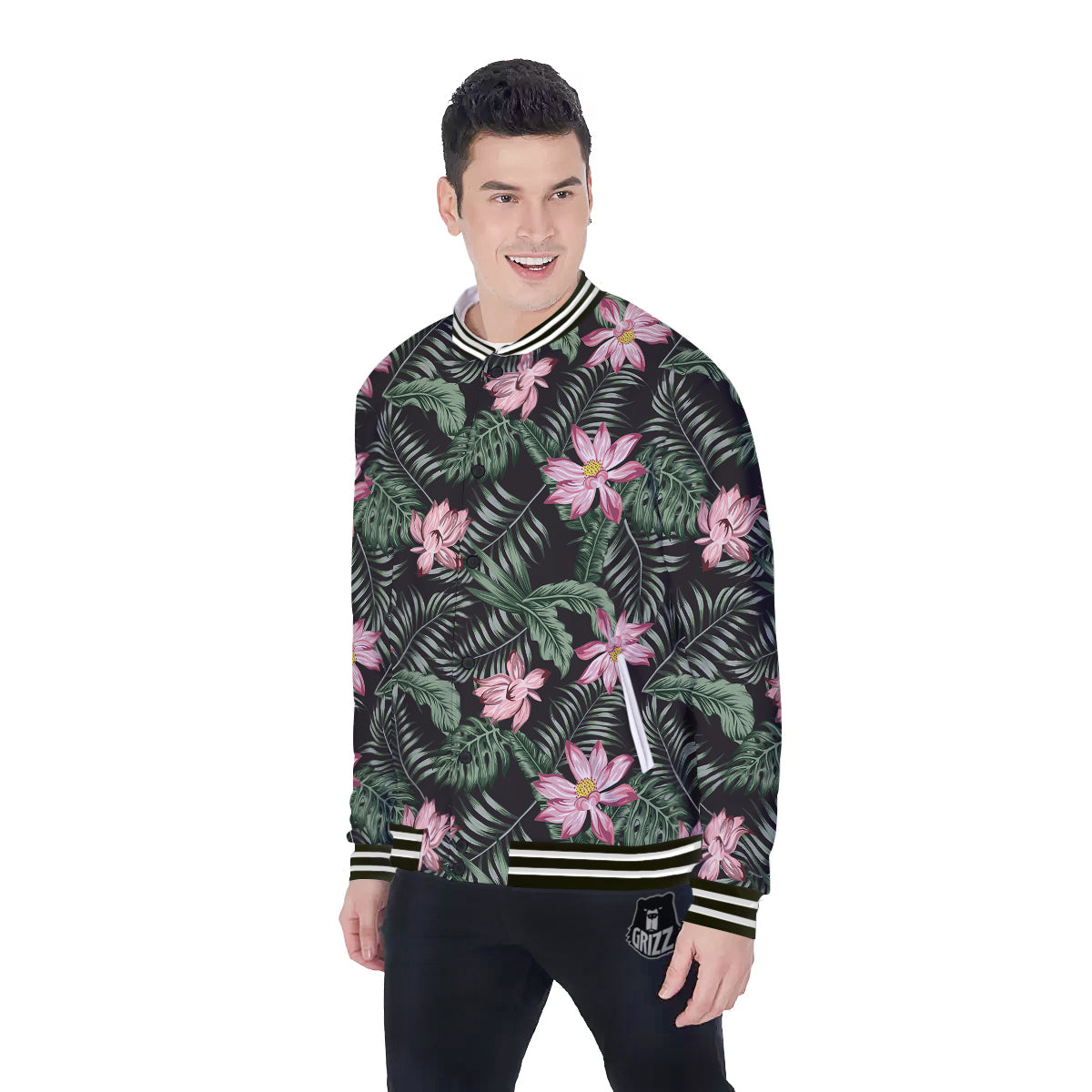 Lotus Tropical Print Pattern Baseball Jacket-grizzshop