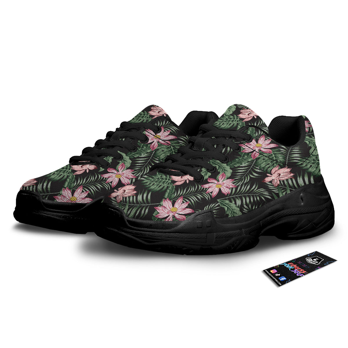 Lotus Tropical Print Pattern Black Chunky Shoes-grizzshop
