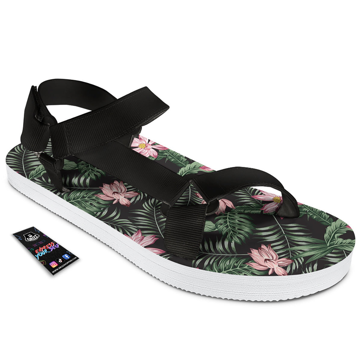 Lotus Tropical Print Pattern Black Open Toe Sandals-grizzshop