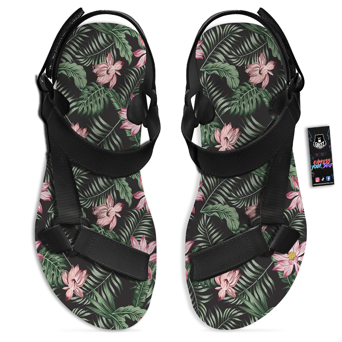 Lotus Tropical Print Pattern Black Open Toe Sandals-grizzshop