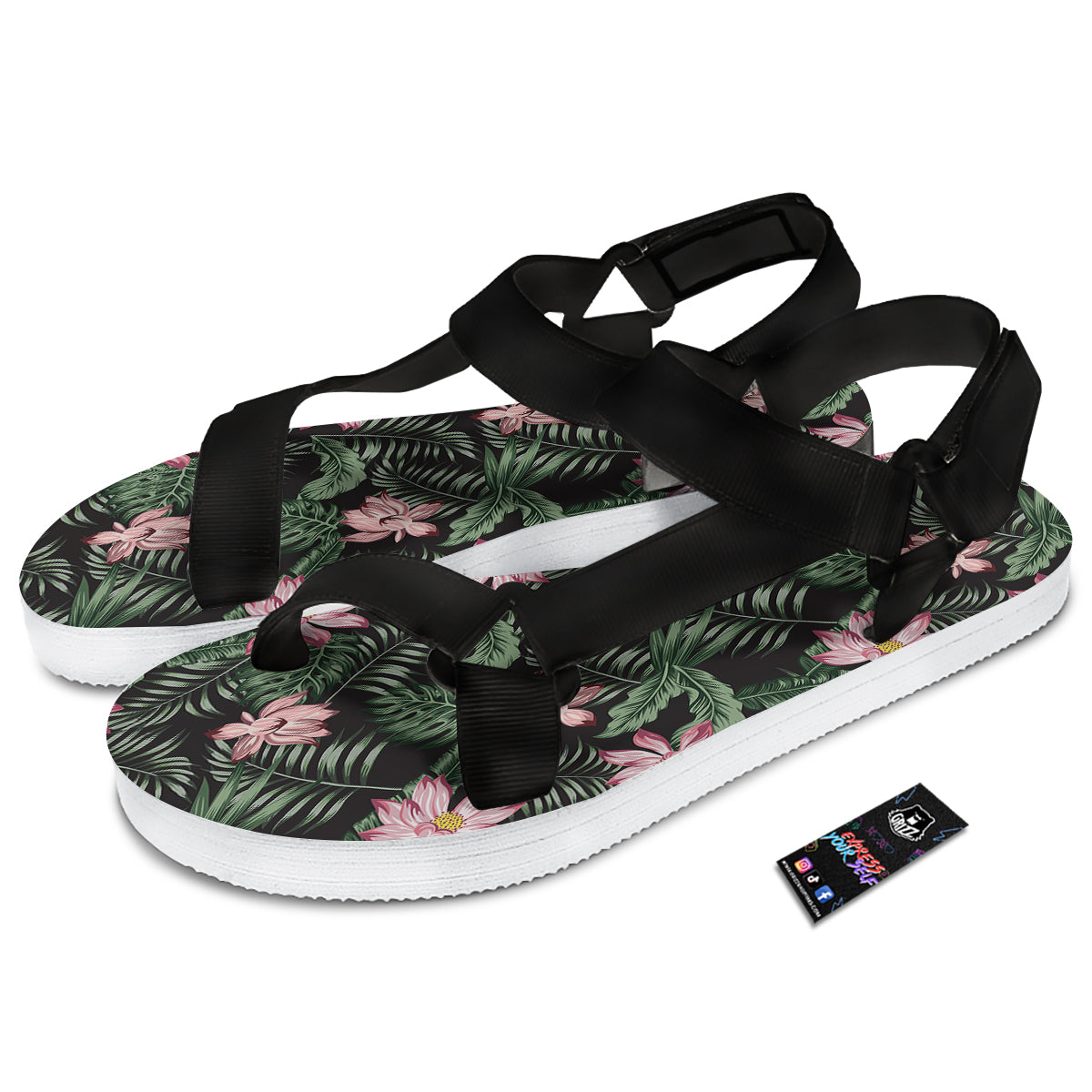 Lotus Tropical Print Pattern Black Open Toe Sandals-grizzshop