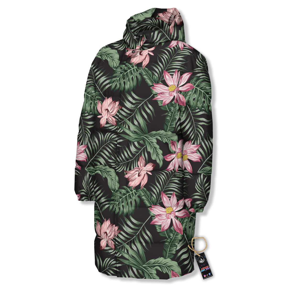 Lotus Tropical Print Pattern Long Down Jacket-grizzshop