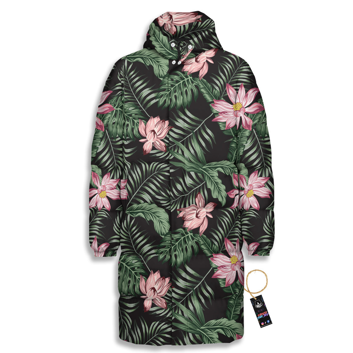 Lotus Tropical Print Pattern Long Down Jacket-grizzshop