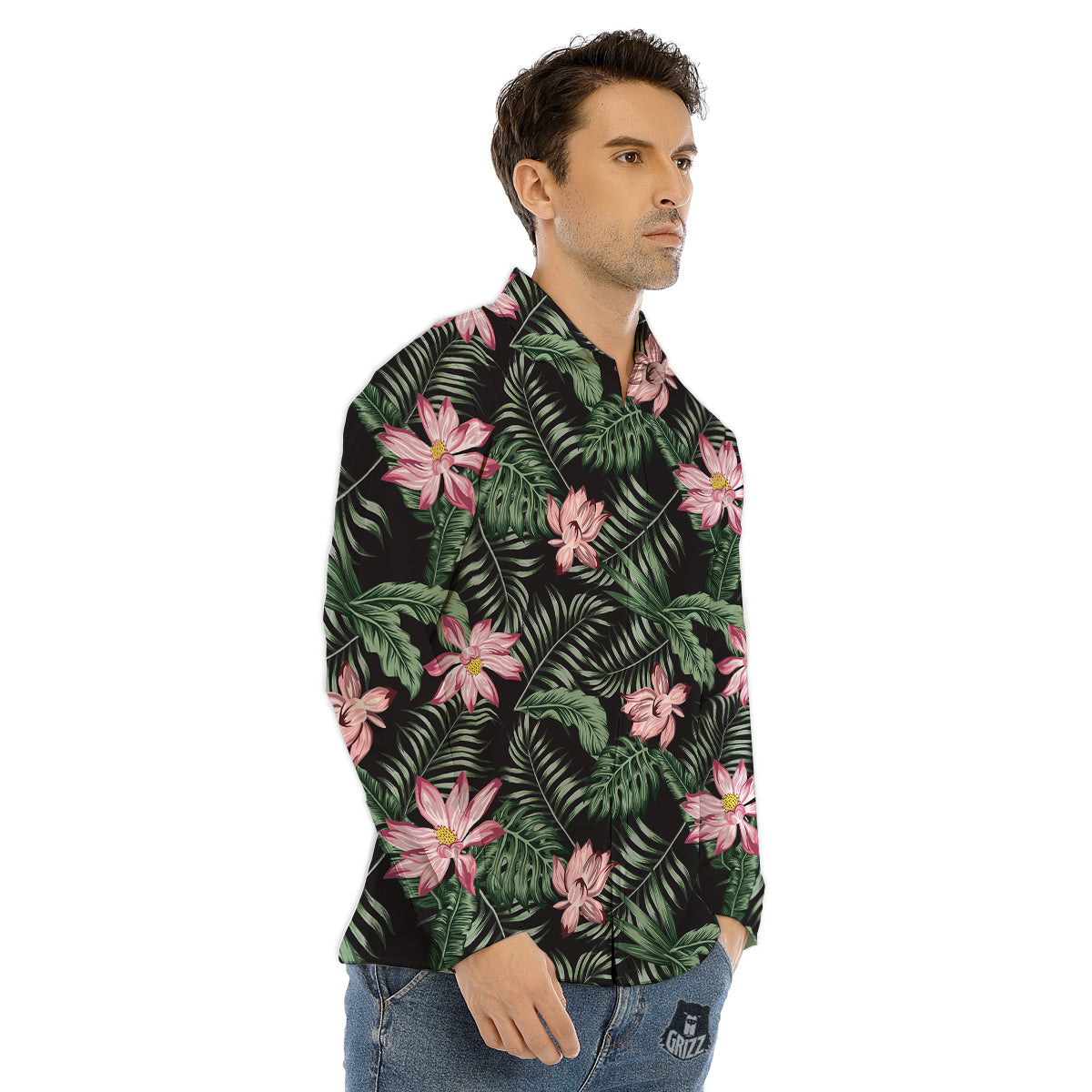 Lotus Tropical Print Pattern Men's Dress Shirts-grizzshop