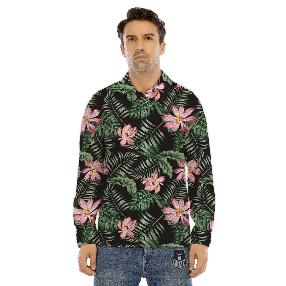 Lotus Tropical Print Pattern Men's Dress Shirts-grizzshop