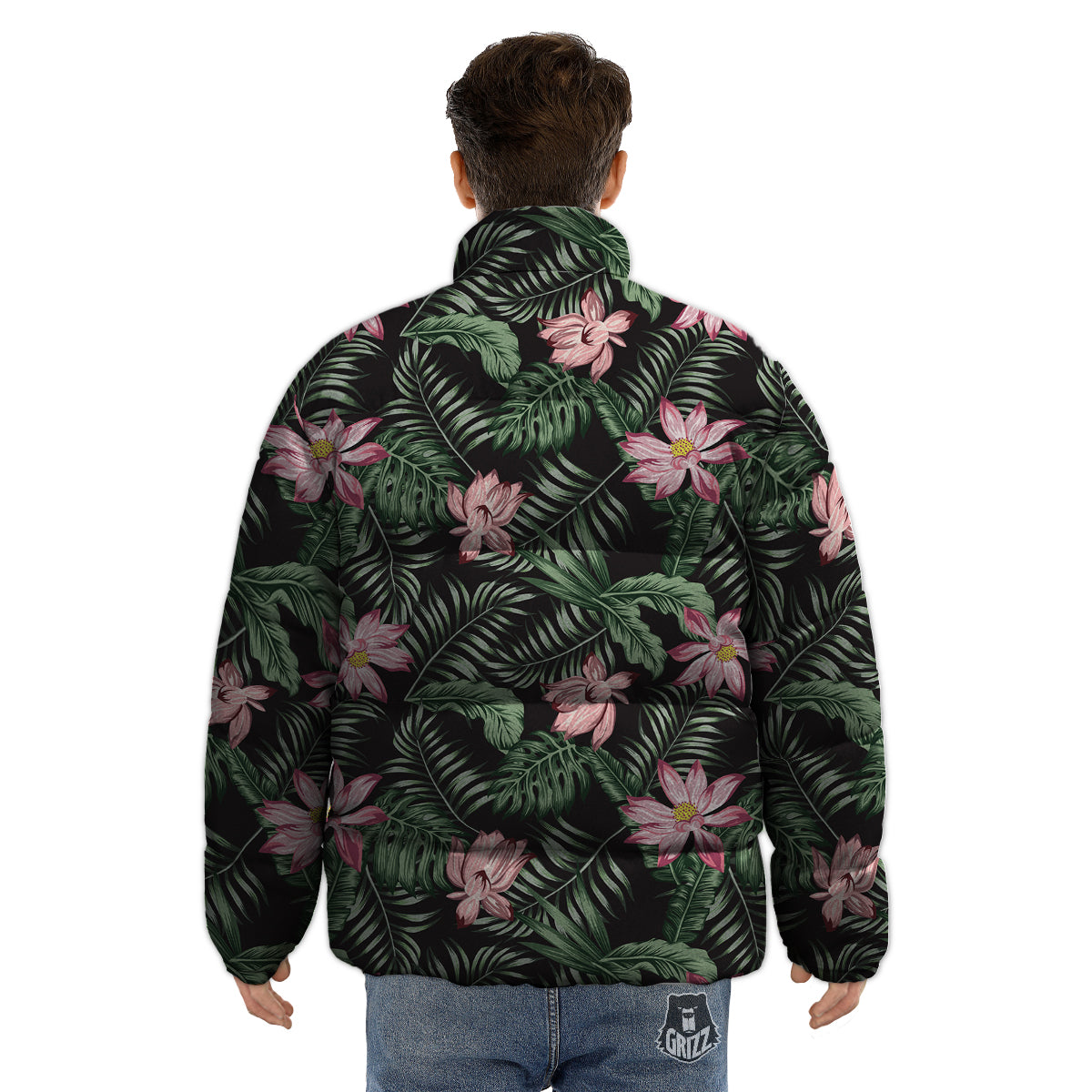 Lotus Tropical Print Pattern Puffer Jacket-grizzshop