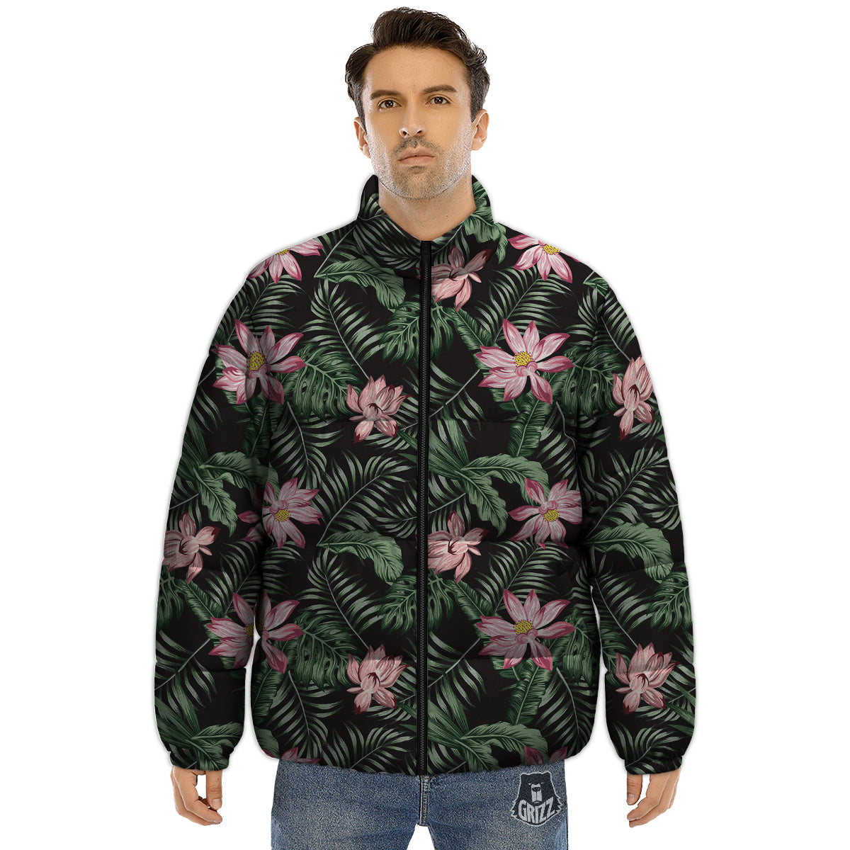 Lotus Tropical Print Pattern Puffer Jacket-grizzshop