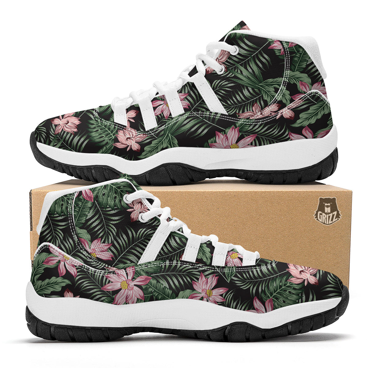 Lotus Tropical Print Pattern White Bball Shoes-grizzshop