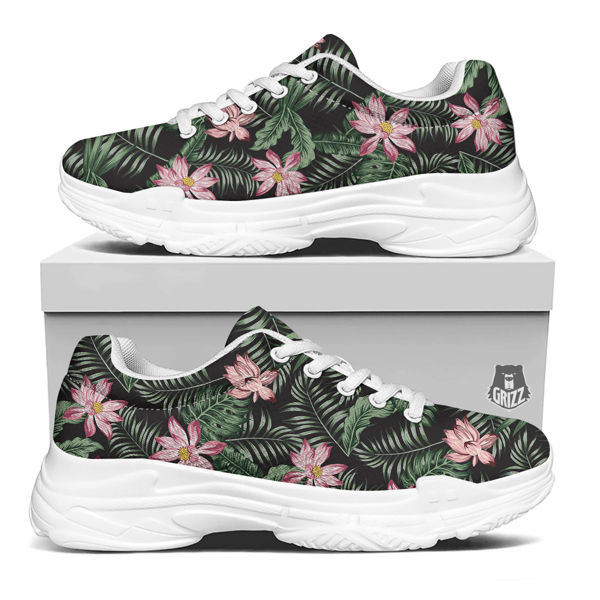 Lotus Tropical Print Pattern White Chunky Shoes-grizzshop