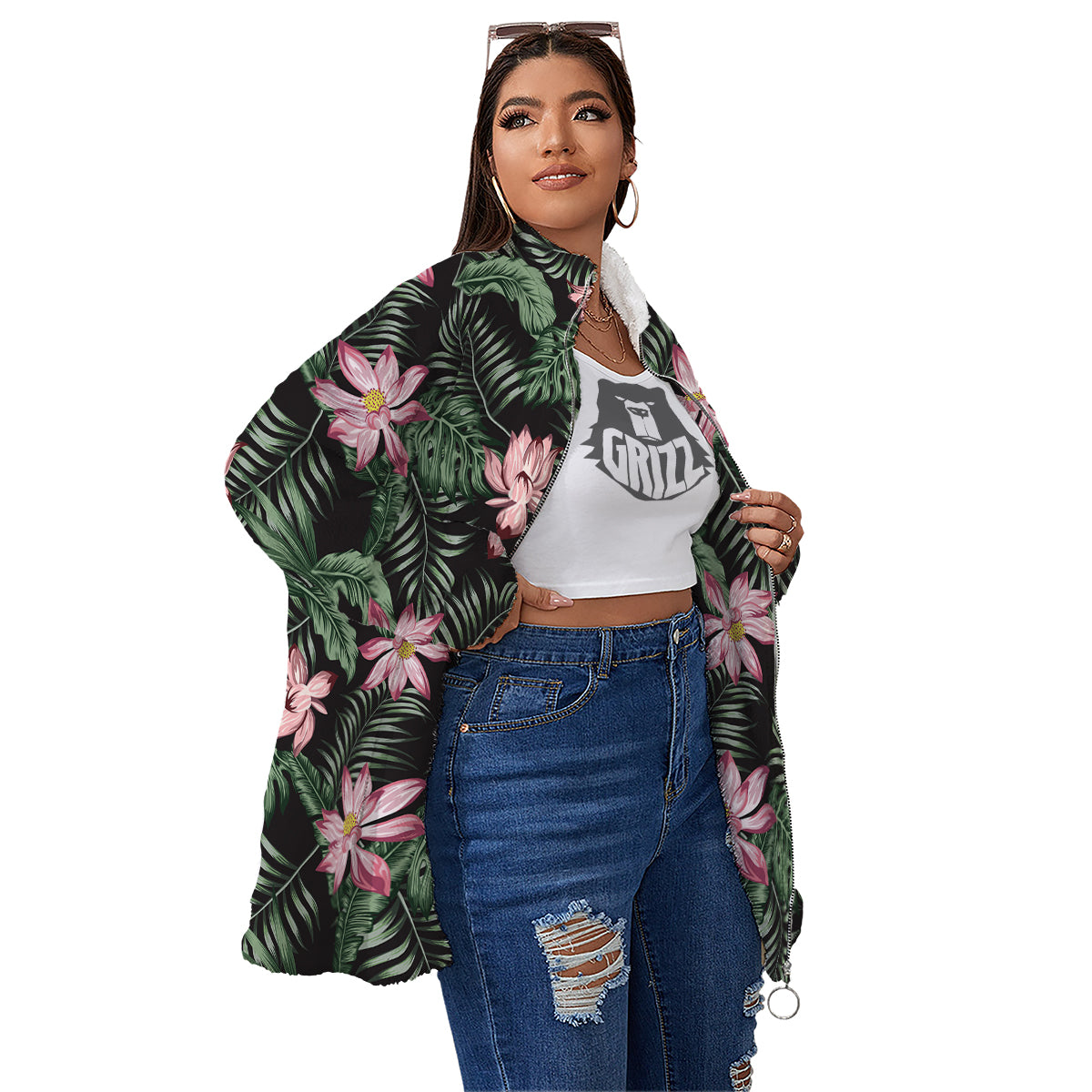 Lotus Tropical Print Pattern Women's Sherpa Jacket-grizzshop
