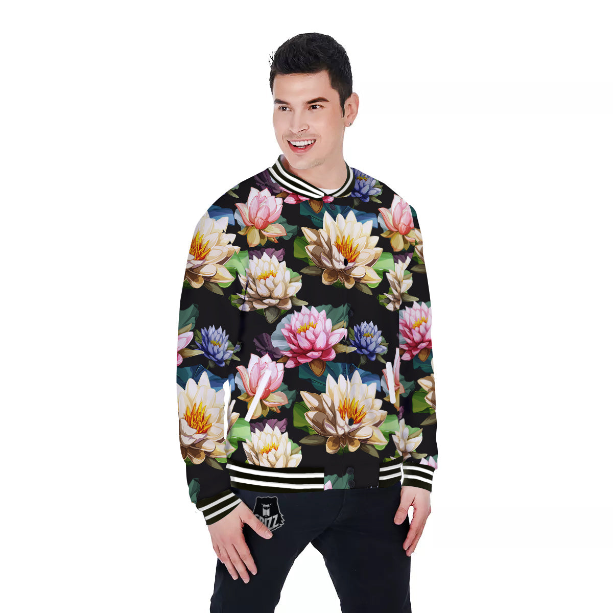 Lotus Vintage Print Pattern Baseball Jacket-grizzshop