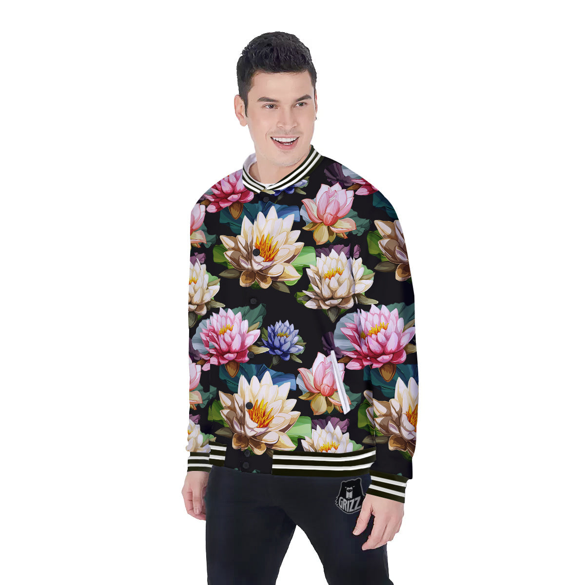 Lotus Vintage Print Pattern Baseball Jacket-grizzshop