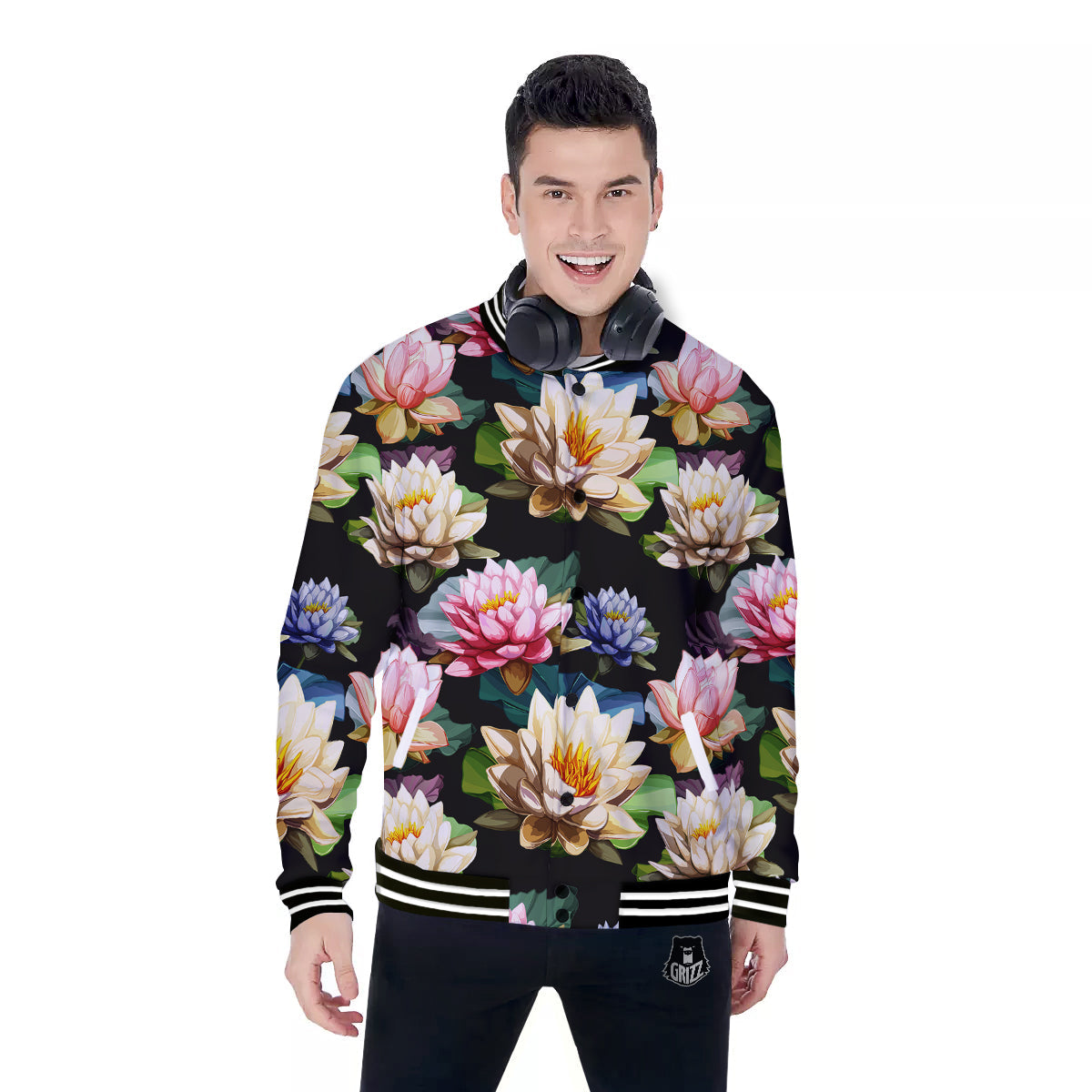 Lotus Vintage Print Pattern Baseball Jacket-grizzshop