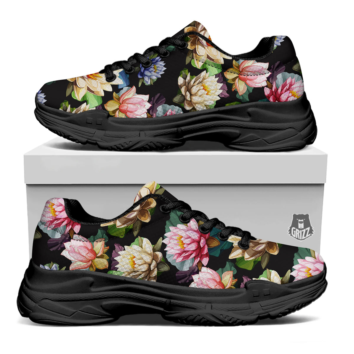 Lotus Vintage Print Pattern Black Chunky Shoes-grizzshop